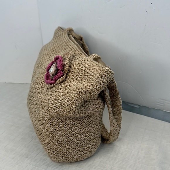 The Sak  crochet Tan Tote Bag with Purple Flower Accent - Picture 2 of 9